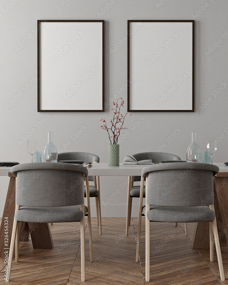 现代室内背景餐厅客厅的实体海报框架，配有桌子和灰色椅子
