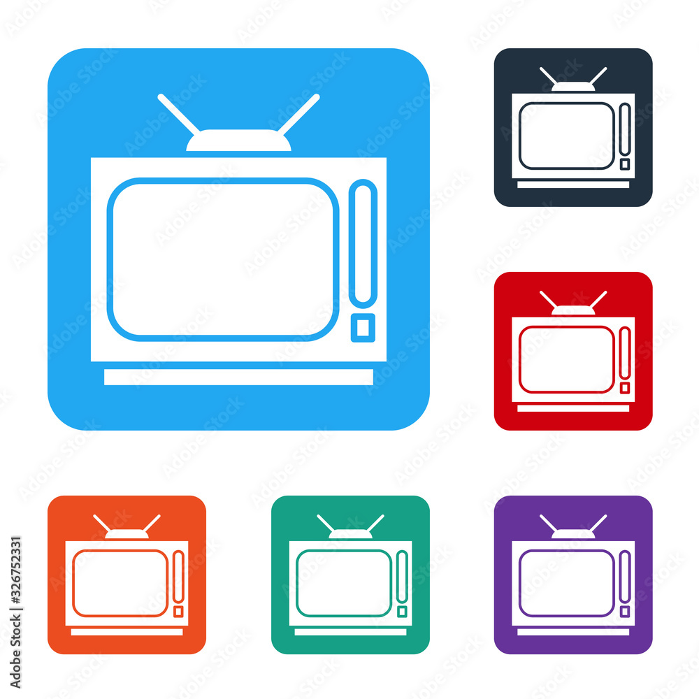 白色复古电视图标隔离在白色背景上。电视标志。将图标设置为彩色方形按钮