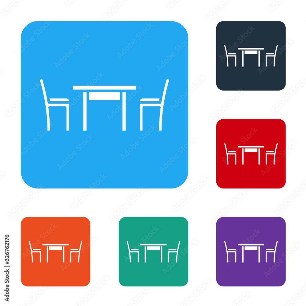 白色木桌，椅子图标隔离在白色背景上。将图标设置为彩色方形按钮。