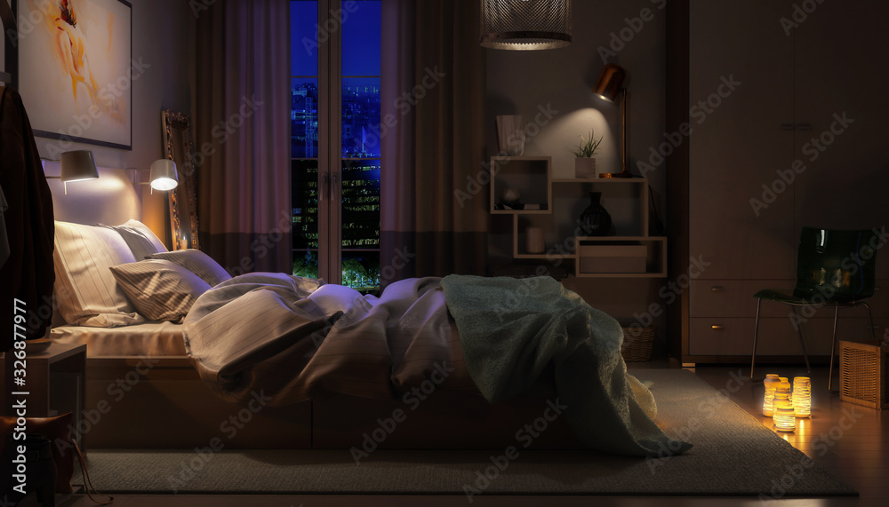 现代卧室夜间布置-三维可视化