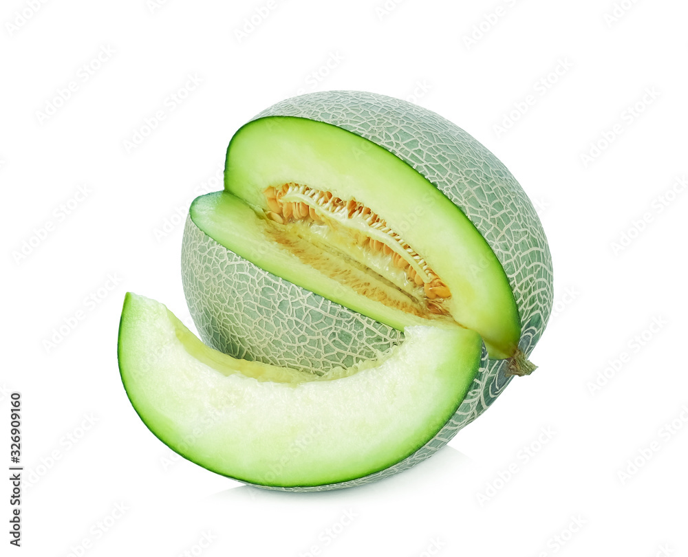 Melon, sliced  green melon or cantaloupe isolated on white background.