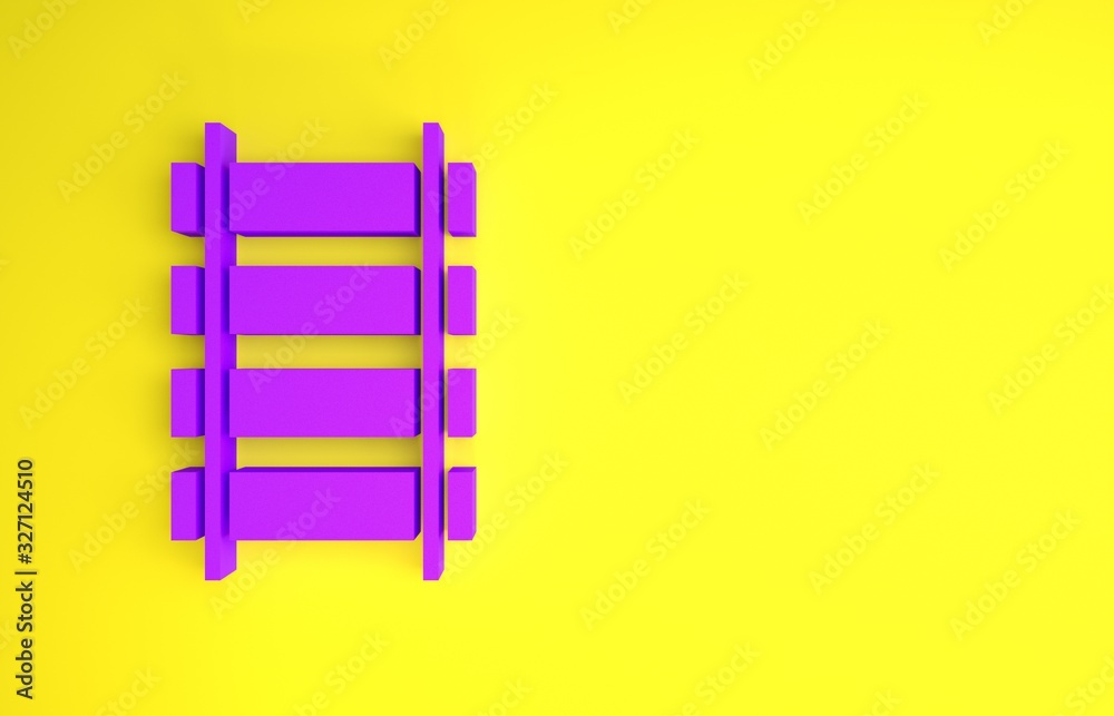 紫色铁路，黄色背景上隔离的铁轨图标。极简主义概念。3d插图