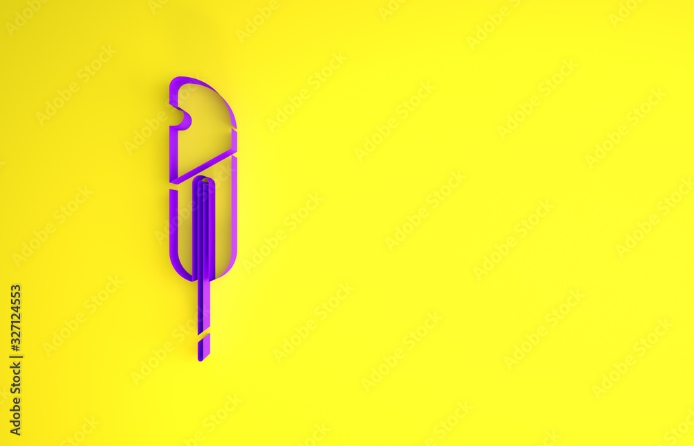 紫色羽毛笔图标隔离在黄色背景上。极简主义概念。3d插图3d渲染