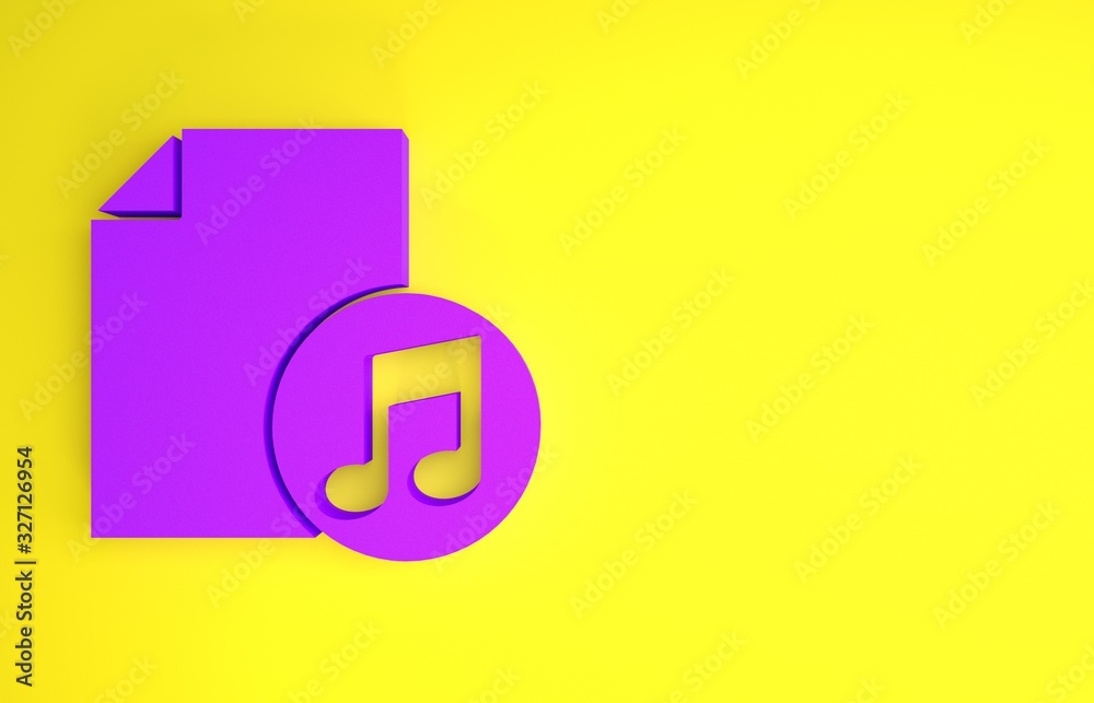 黄色背景上有音符图标的紫色音乐书。有音符板的乐谱。Noteboo