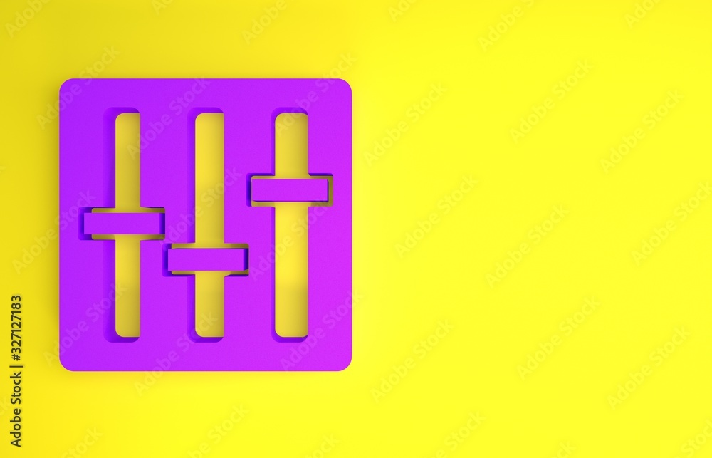 紫色混音器控制器图标隔离在黄色背景上。Dj设备滑块按钮。混音