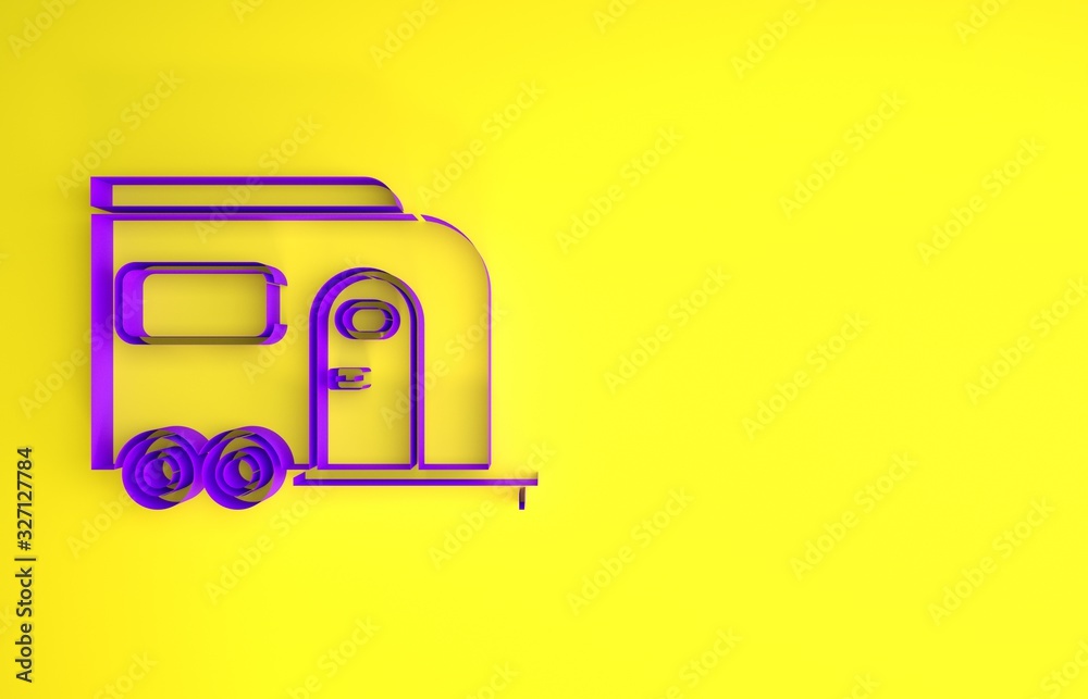 黄色背景上隔离的紫色Rv露营拖车图标。旅行移动房屋、房车、家庭营地