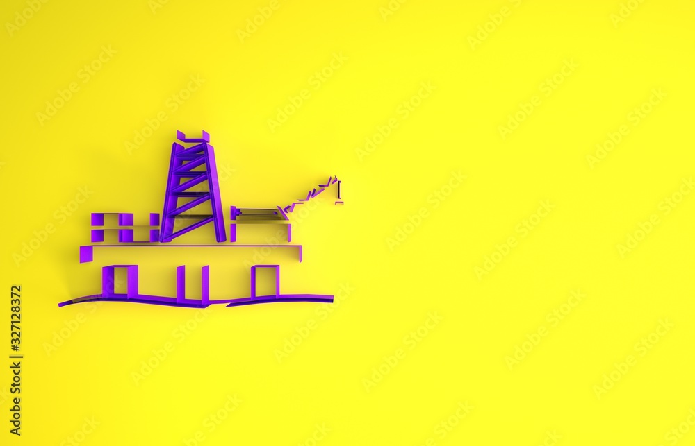 黄色背景上隔离的海上紫色石油平台图标。海上钻机。石油平台