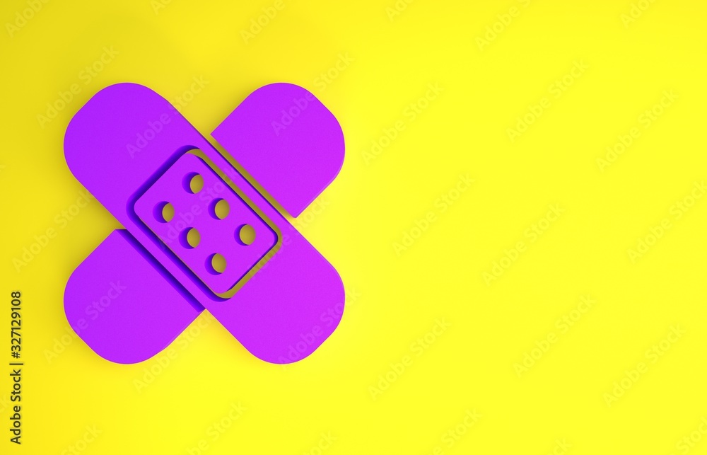 黄色背景上隔离的紫色交叉绷带石膏图标。医用石膏，粘性绷带