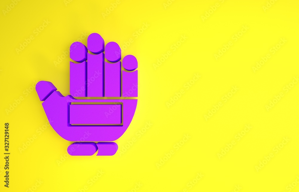 黄色背景上隔离的紫色冰球手套图标。运动和训练防护手套