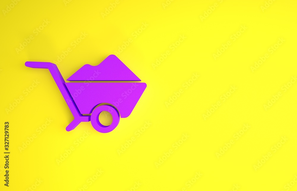 黄色背景上有泥土图标的紫色手推车。工具设备。农用车wh