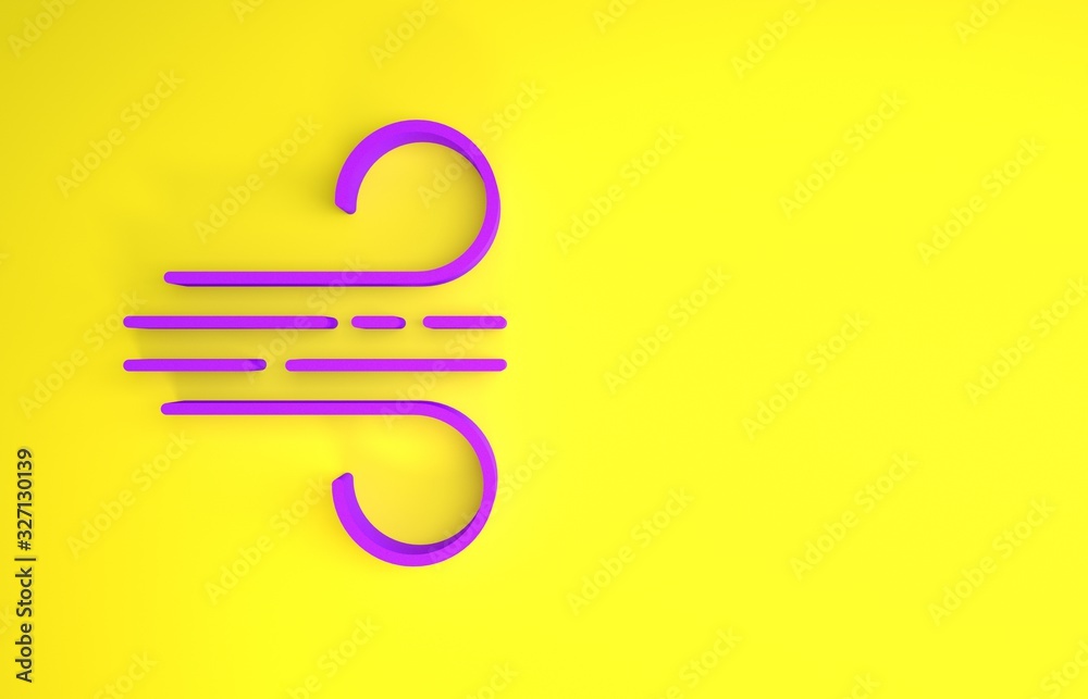 黄色背景上孤立的紫色风图标。大风天气。极简主义概念。三维插图3