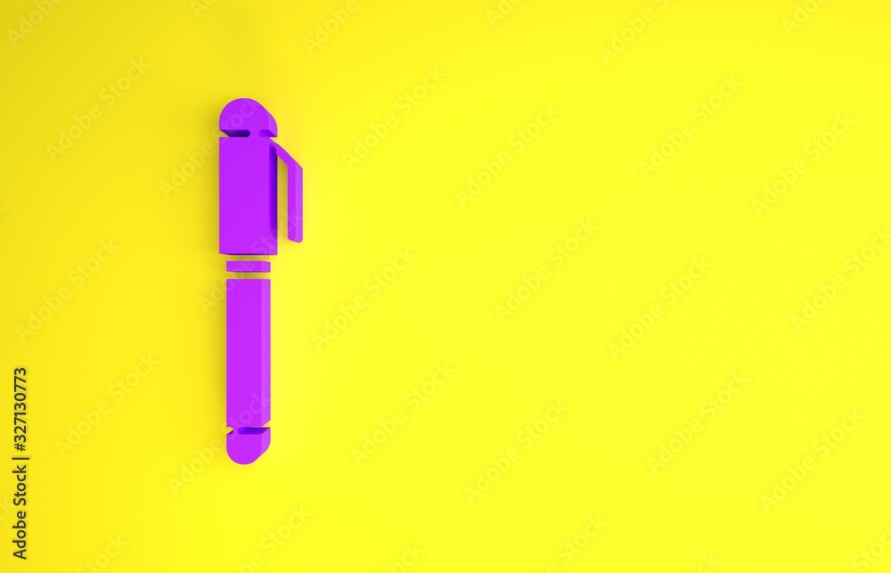 紫色笔图标隔离在黄色背景上。极简主义概念。3d插图3d渲染