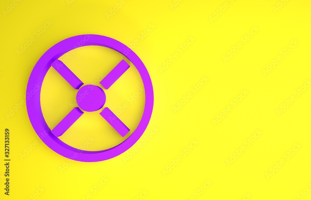 黄色背景上隔离的紫色工业阀门图标。极简主义概念。3d插图3d ren