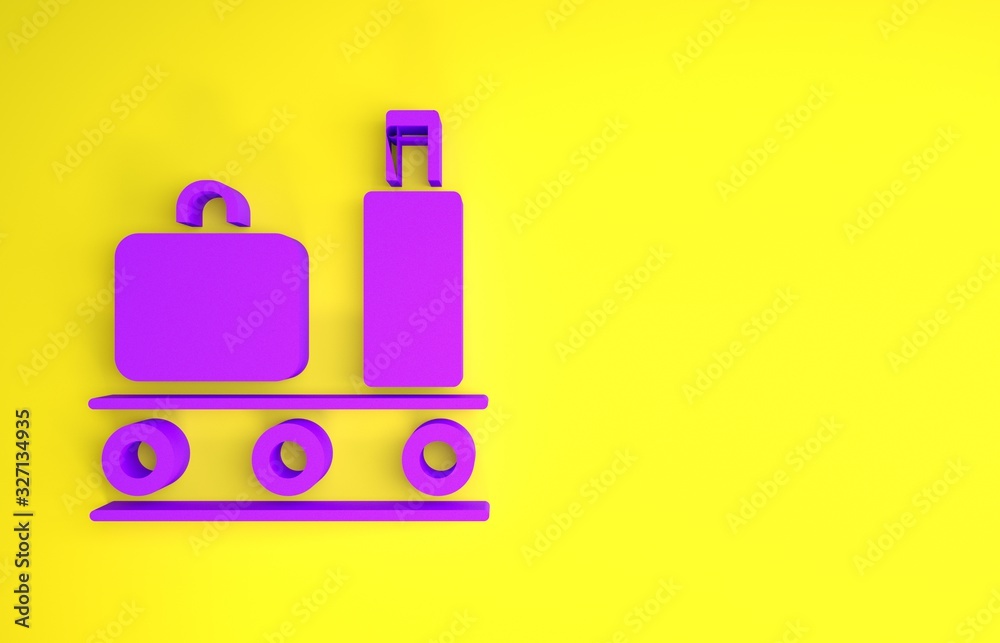 紫色机场传送带，乘客行李、行李箱、行李、行李图标隔离在黄色