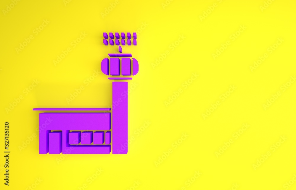 Purple Airport control tower icon isolated on yellow background. Minimalism concept. 3d illustration