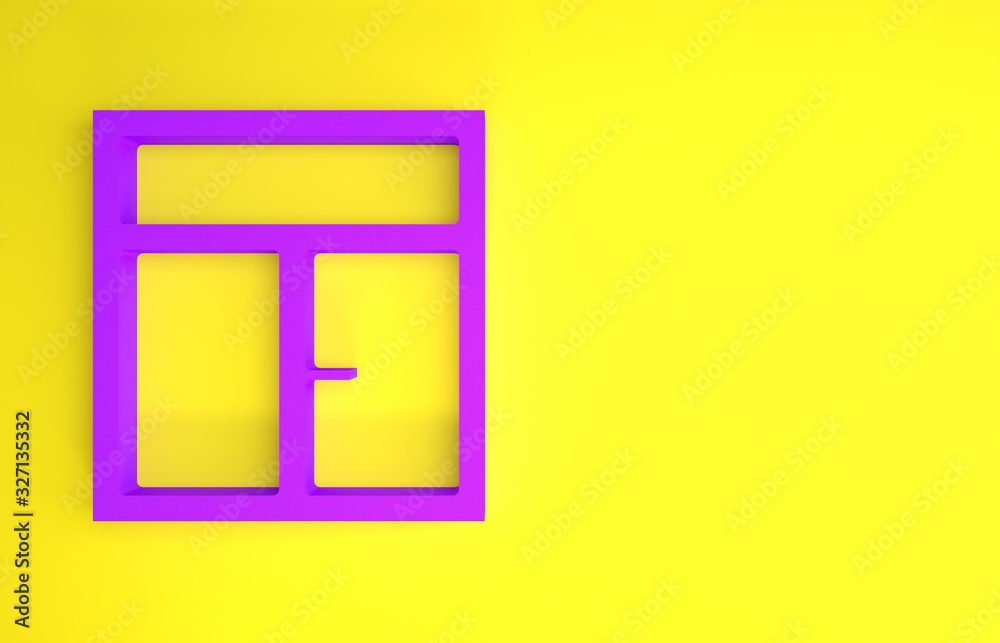 Purple Window in the room icon isolated on yellow background. Minimalism concept. 3d illustration 3D