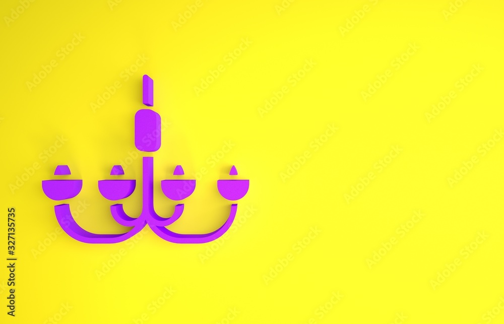 黄色背景上隔离的紫色吊灯图标。极简主义概念。3d插图3d渲染