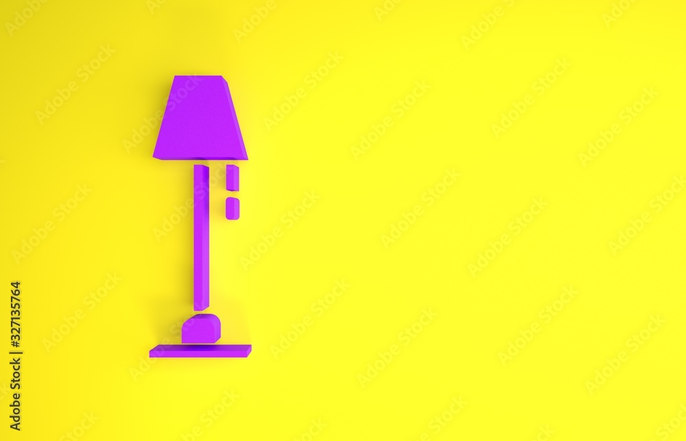 黄色背景上隔离的紫色落地灯图标。极简主义概念。3d插图3d渲染