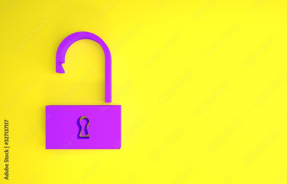 黄色背景上隔离的紫色打开挂锁图标。打开锁定标志。网络安全概念。Di