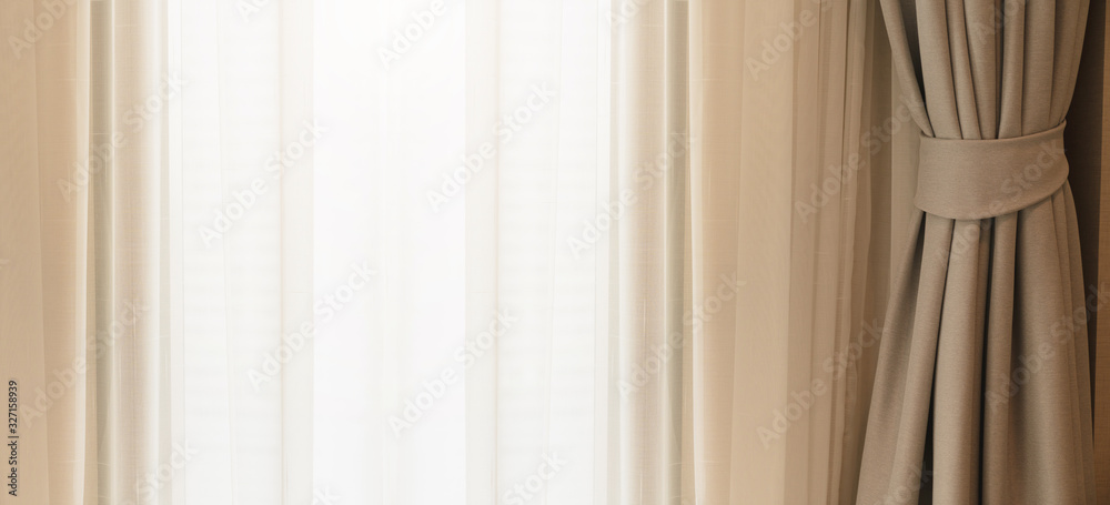 柔和的棕色窗帘，窗户卧室背景带晨光