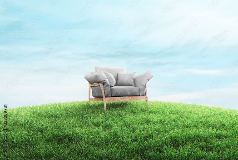 Empty armchair in a grass field, 3d rendering