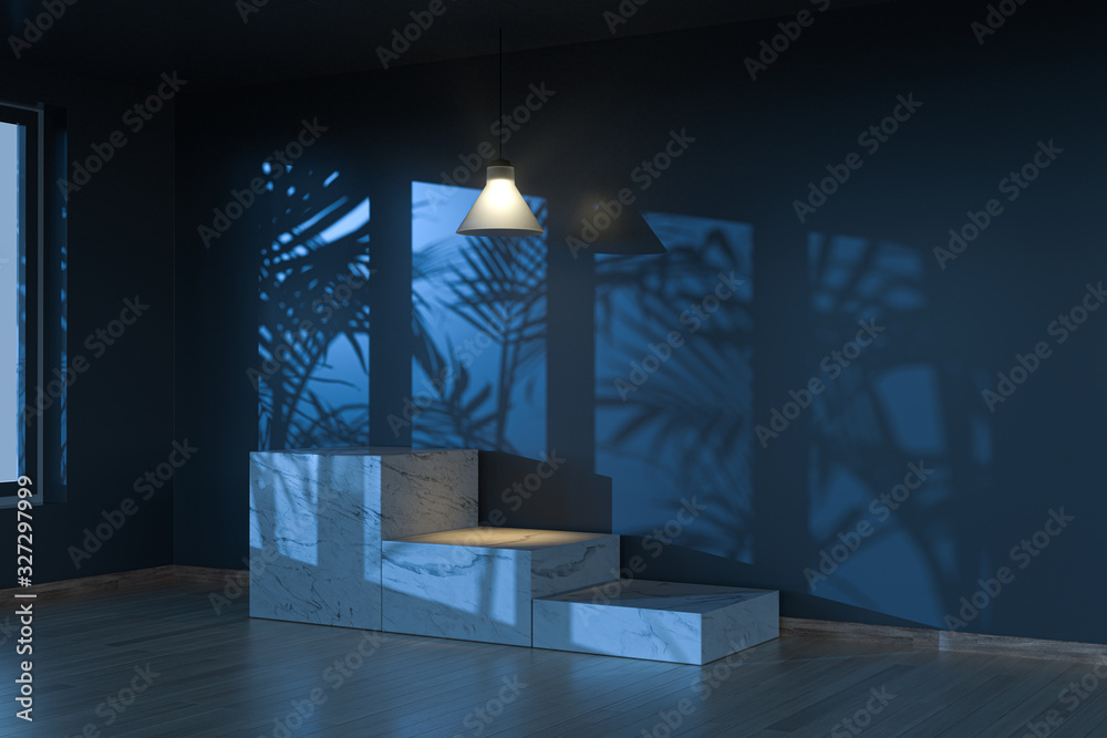 空房间和大理石静物，木制落地灯和吊灯，3d渲染。