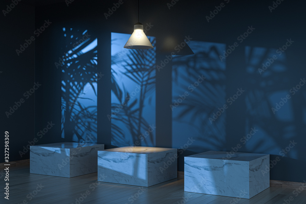 Empty room and marble still life,wooden floor and ceiling lamp,3d rendering.
