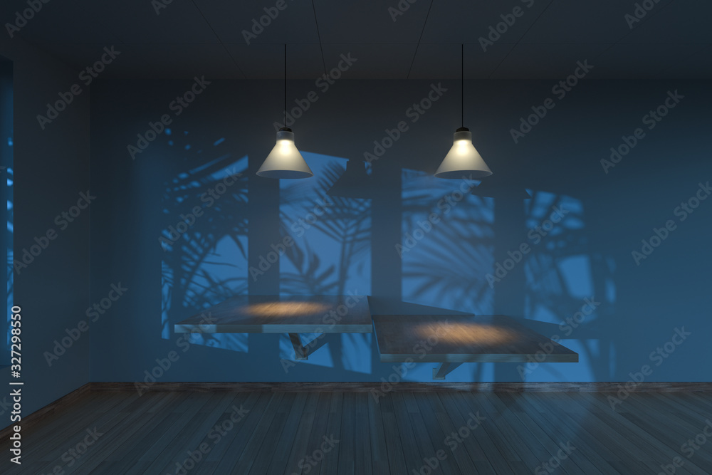 空房间和阴影，木制落地灯和吸顶灯，3d渲染。
