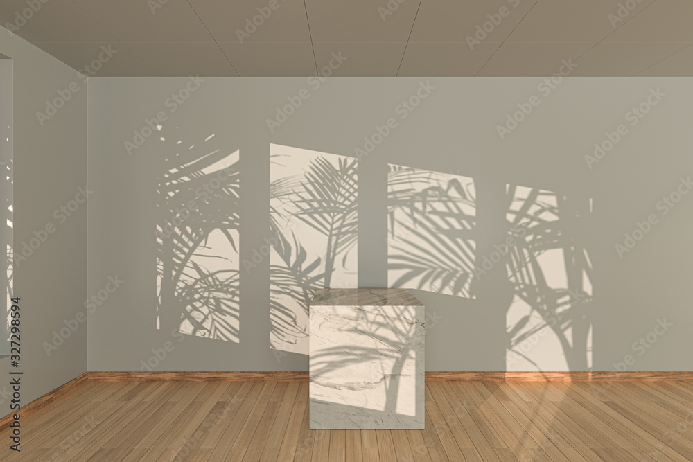空房间和大理石静物，木地板，3d渲染。