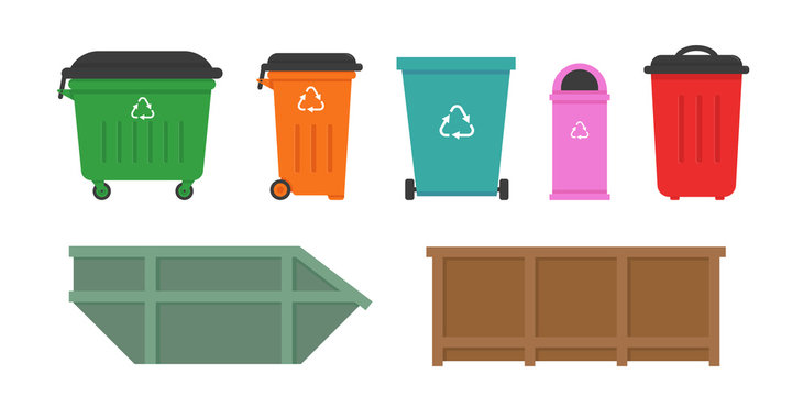 Trash cans, recycle bins collection.