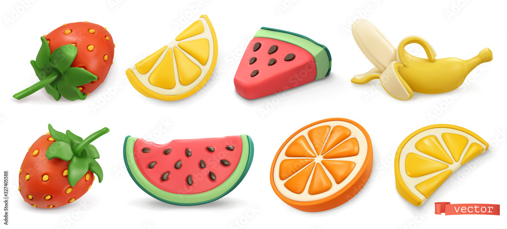 Summer fruits icon set with shadows. Strawberries, watermelon, lemon, orange, banana 3d vector objec