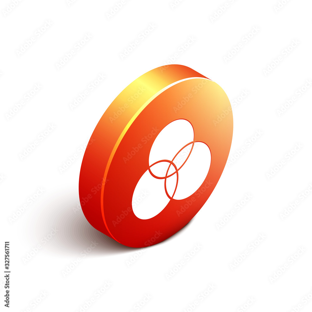 等距RGB和CMYK颜色混合图标隔离在白色背景上。橙色圆圈按钮。矢量