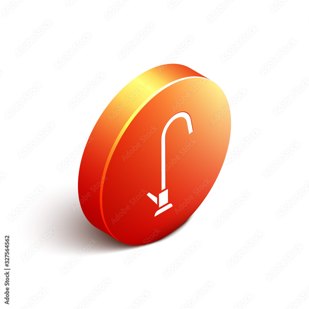Isometric Water tap icon isolated on white background. Orange circle button. Vector Illustration