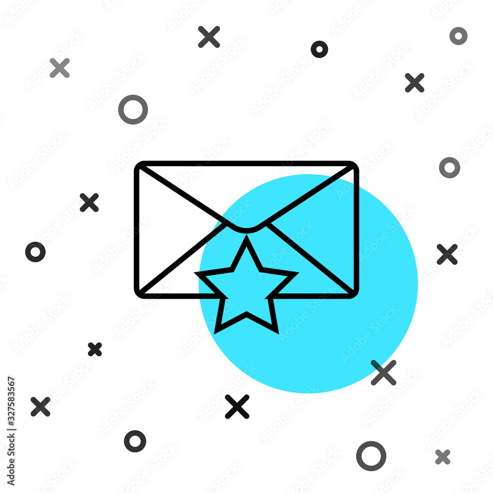 Black line Envelope with star icon isolated on white background. Important email, add to favourite i