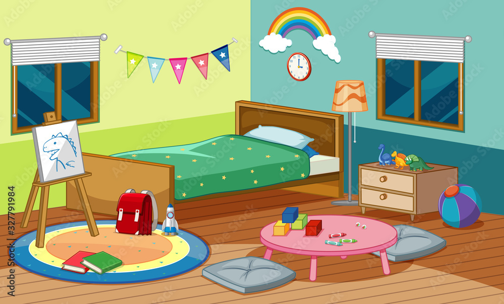 卧室场景，房间里有床和许多玩具