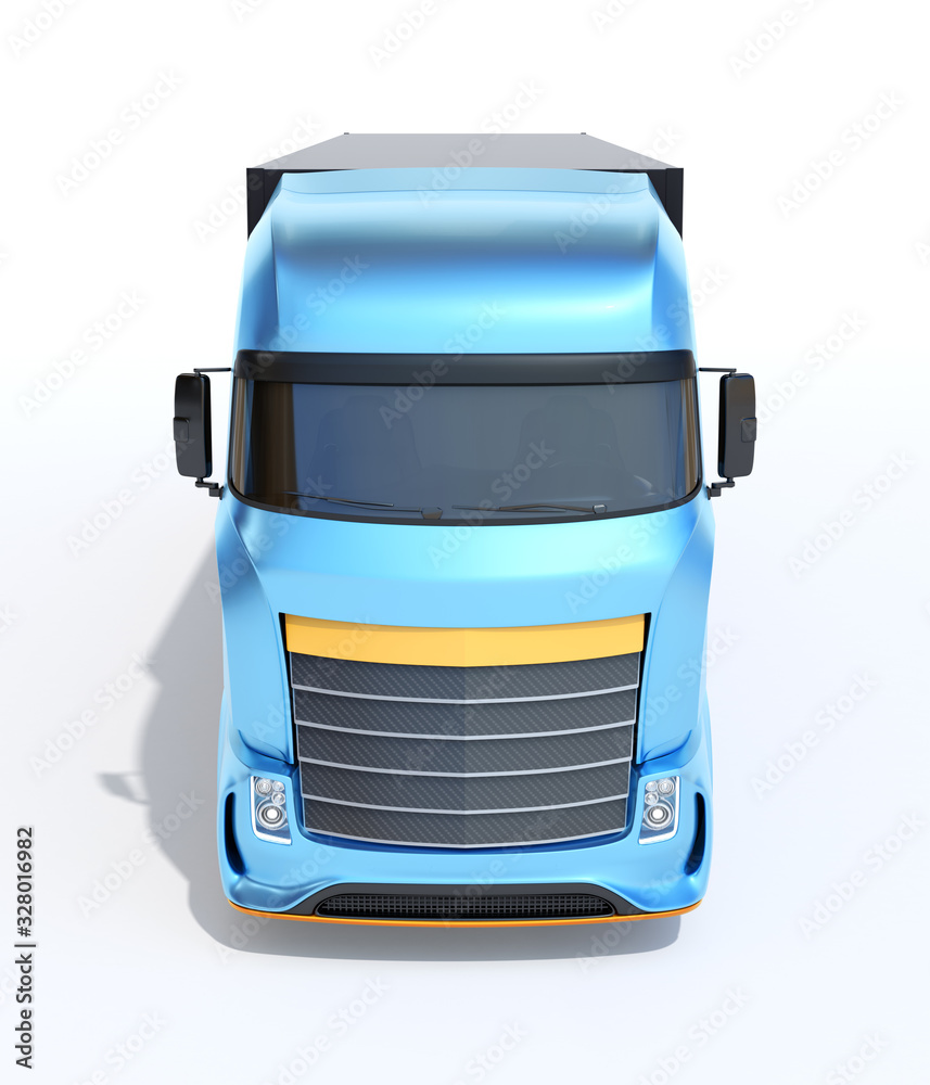白色背景下通用设计蓝色重型电动卡车的前视图。3D渲染图像。