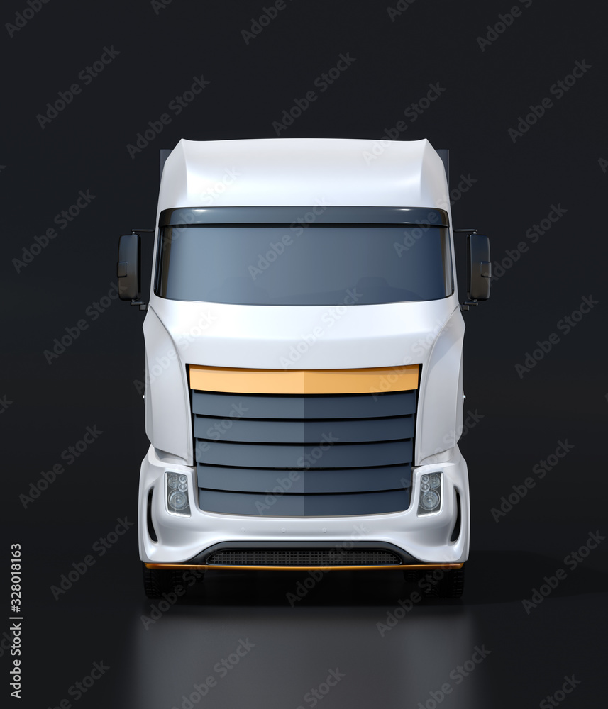 黑色背景下通用设计重型电动卡车的前视图。3D渲染图像。