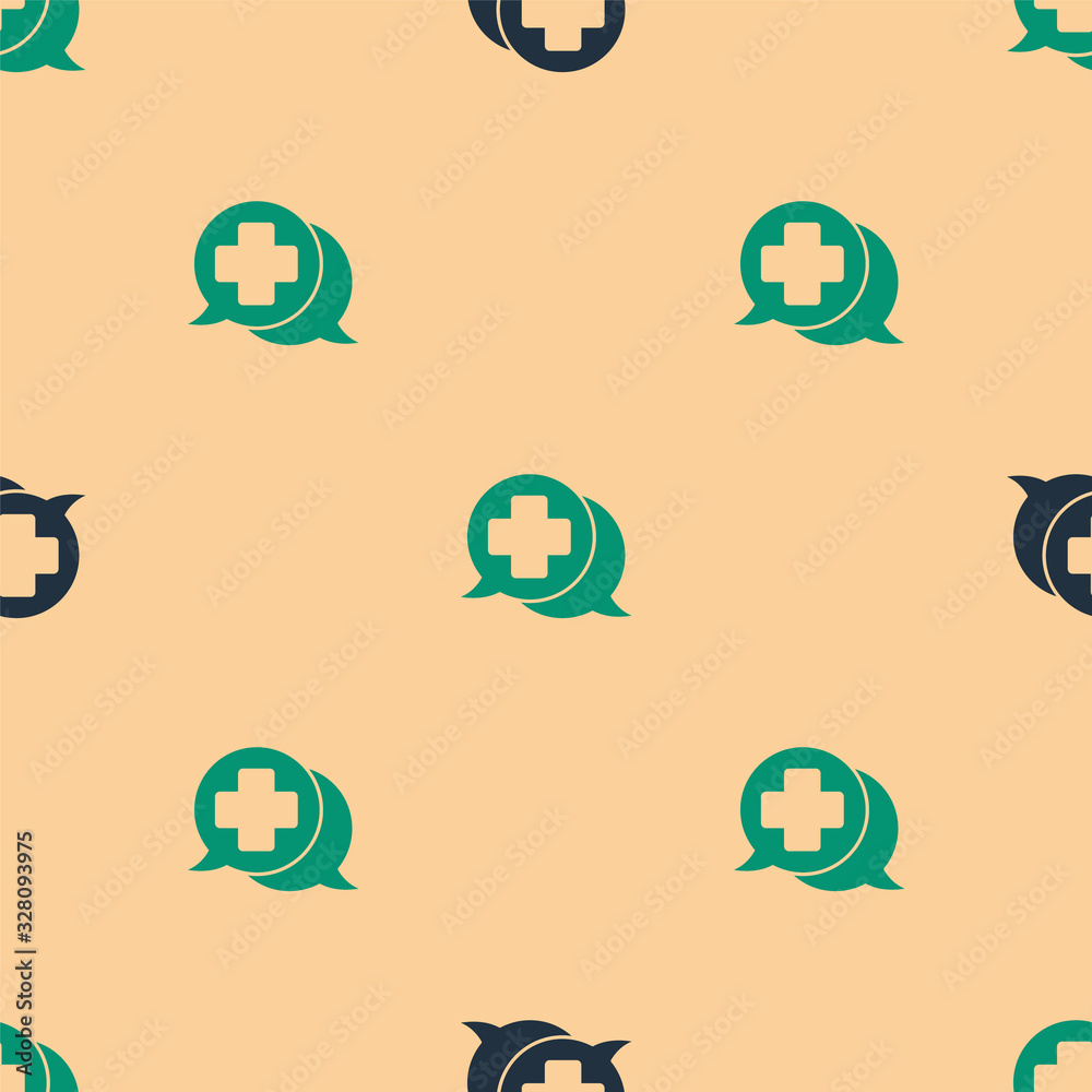 Green and black Dialogue with the doctor icon isolated seamless pattern on beige background. Doctor 