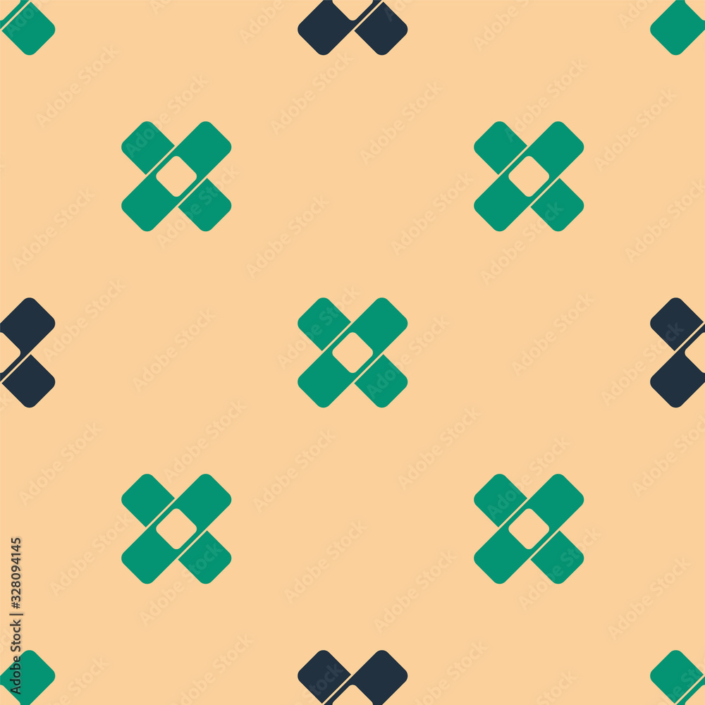 Green and black Crossed bandage plaster icon isolated seamless pattern on beige background. Medical 
