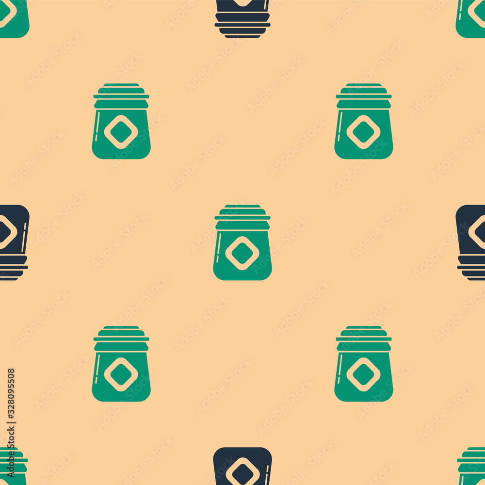 Green and black Jar of honey icon isolated seamless pattern on beige background. Food bank. Sweet na