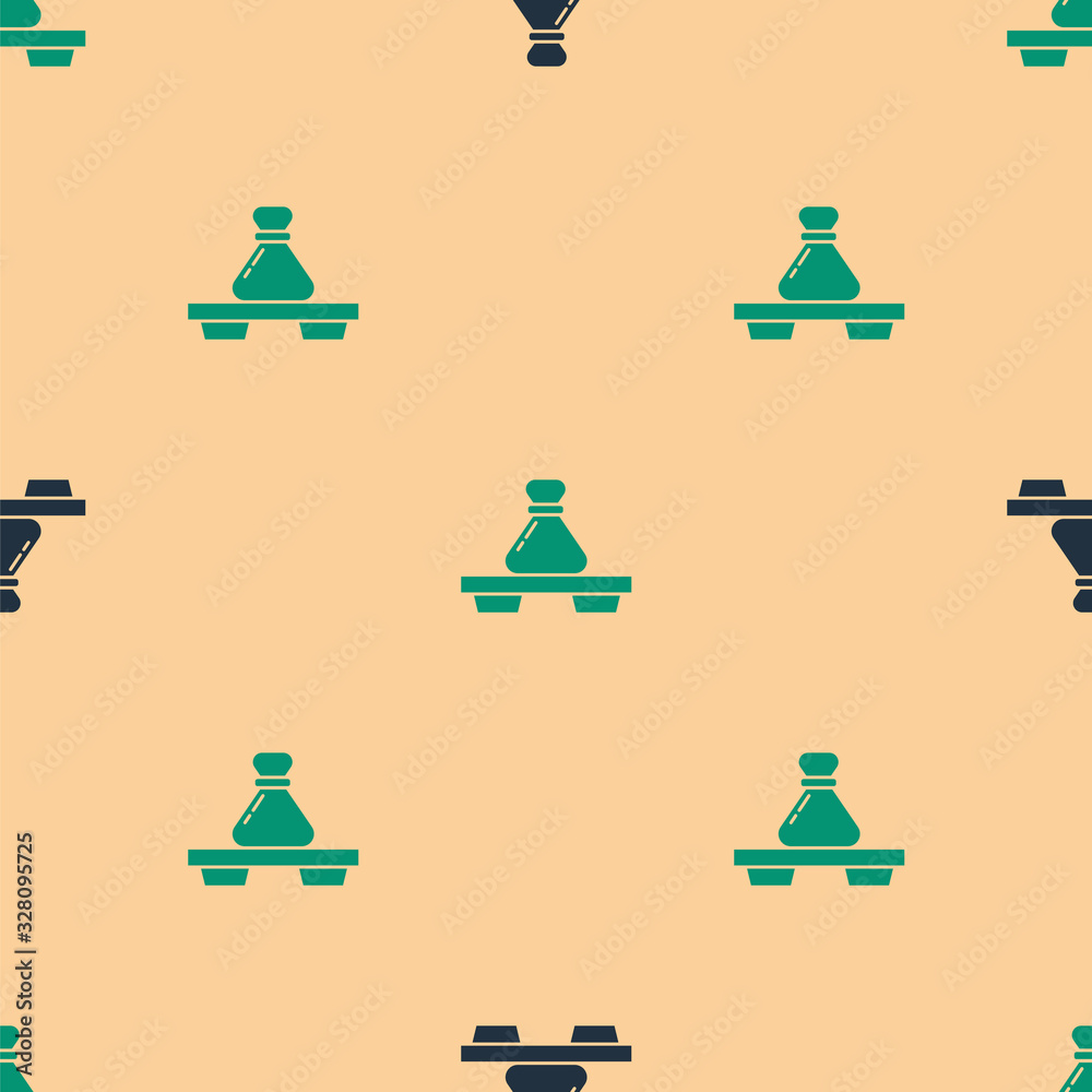 Green and black Dumpling on cutting board icon isolated seamless pattern on beige background. Tradit