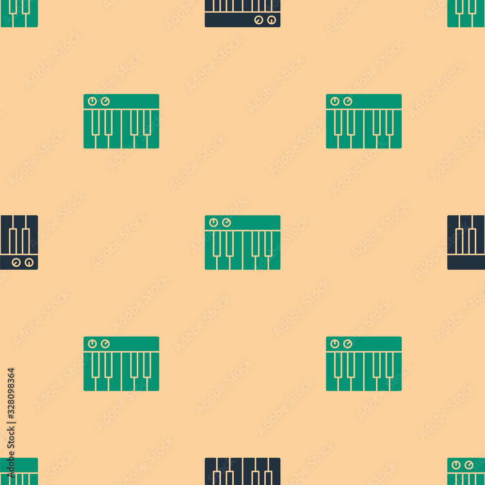 Green and black Music synthesizer icon isolated seamless pattern on beige background. Electronic pia