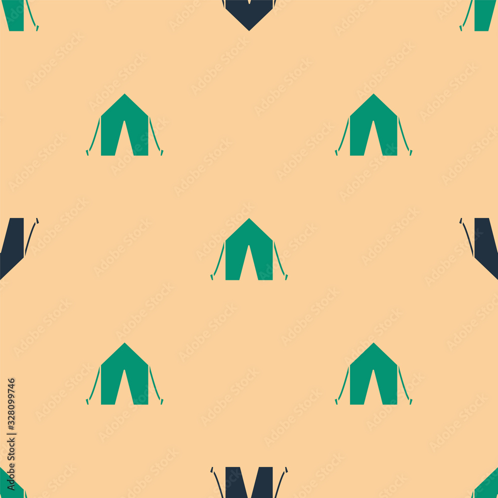 米色背景上的绿色和黑色旅游帐篷图标隔离无缝图案。露营符号。面纱