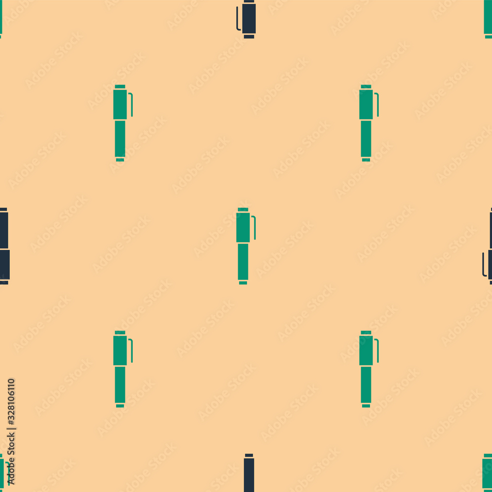 Green and black Pen icon isolated seamless pattern on beige background. Vector Illustration