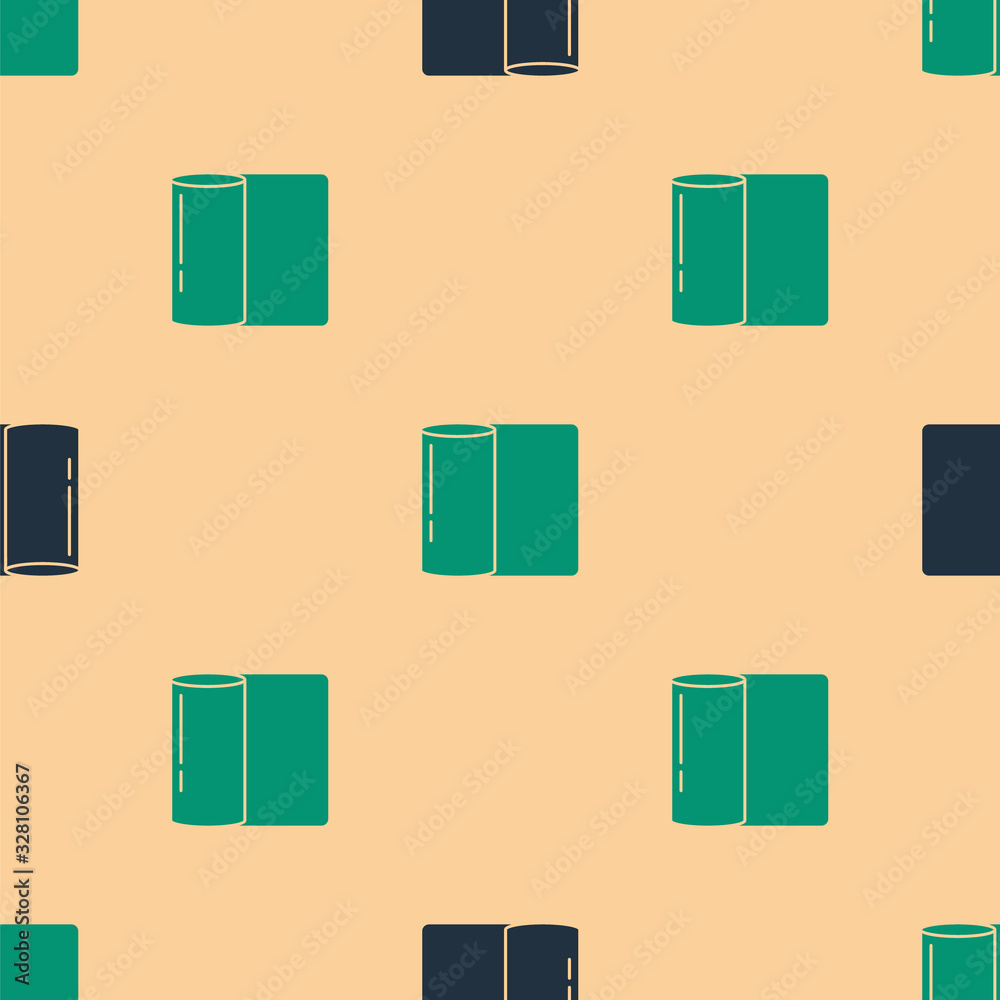 Green and black Paper towel roll icon isolated seamless pattern on beige background. Vector Illustra