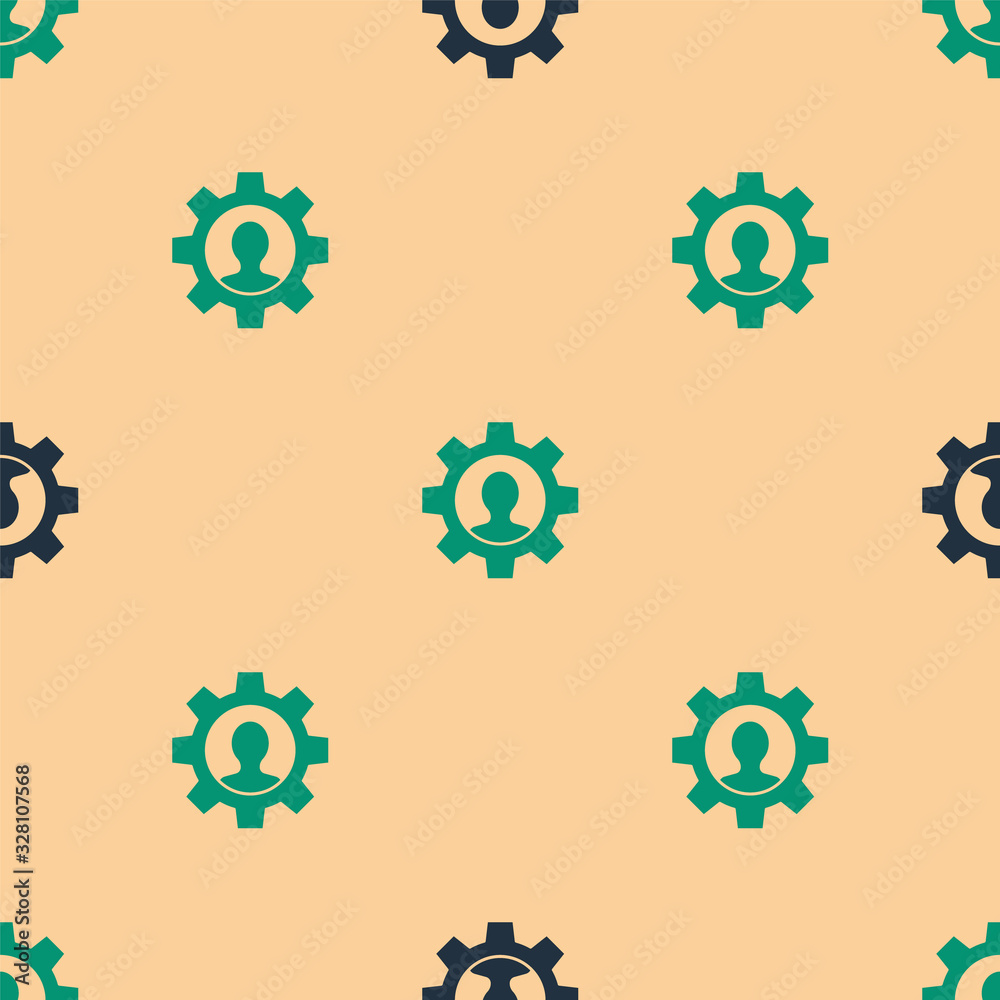 Green and black Human with gear inside icon isolated seamless pattern on beige background. Artificia