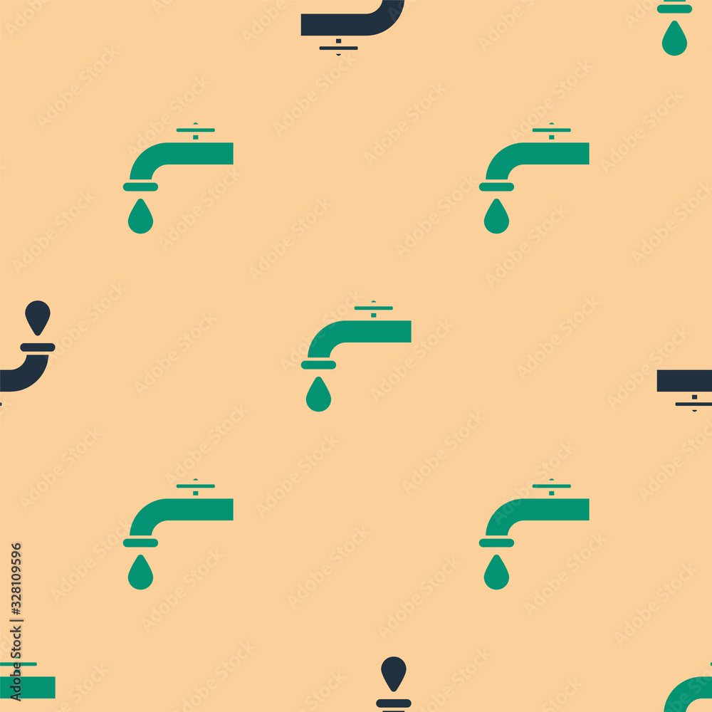 Green and black Water tap with a falling water drop icon isolated seamless pattern on beige backgrou
