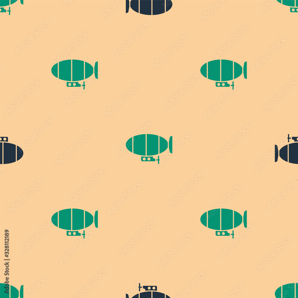 Green and black Airship icon isolated seamless pattern on beige background. Vector Illustration