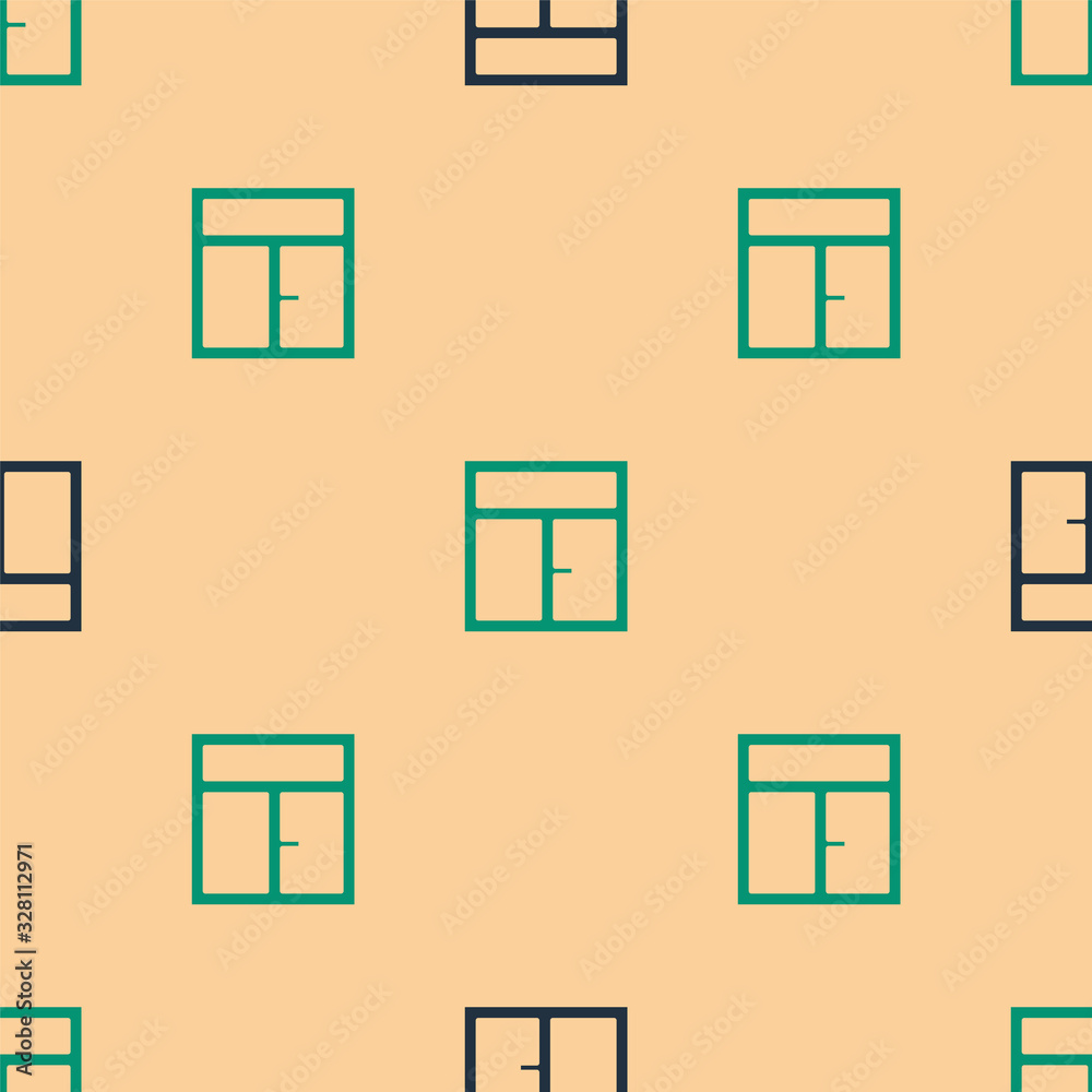 Green and black Window in the room icon isolated seamless pattern on beige background. Vector Illust