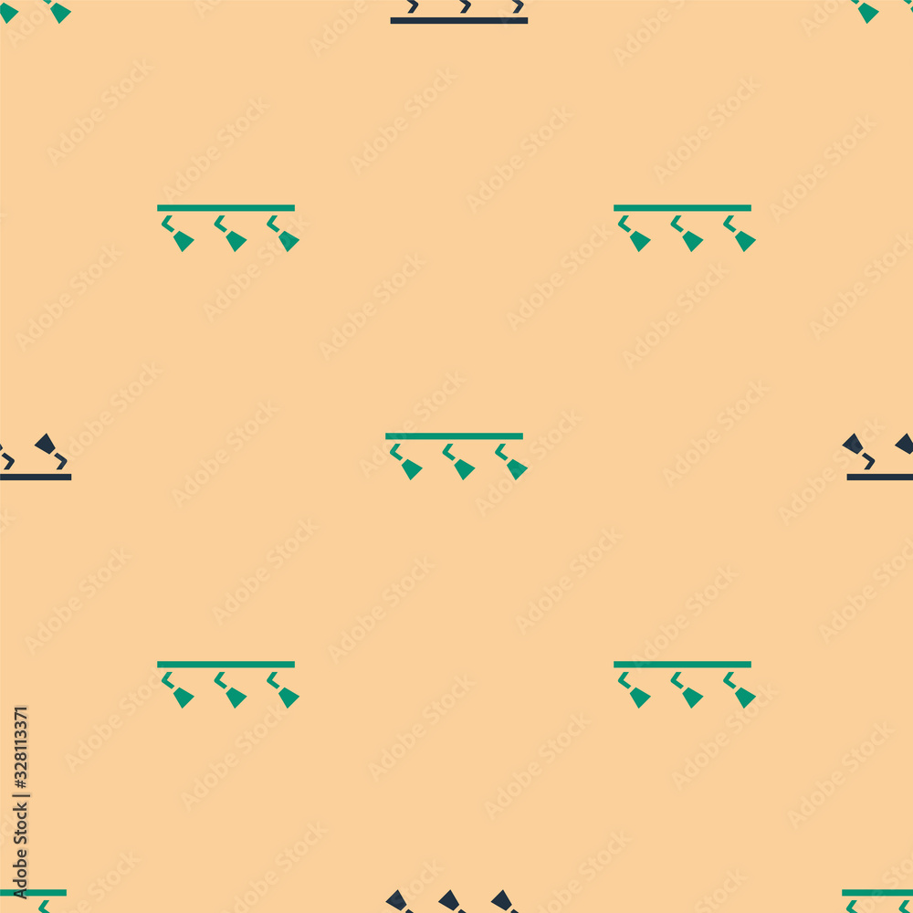 Green and black Led track lights and lamps with spotlights icon isolated seamless pattern on beige b